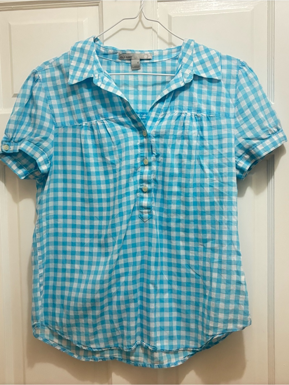 Old Navy small prairie coquette Aqua and White Gingham button Short Sleeve Shirt
